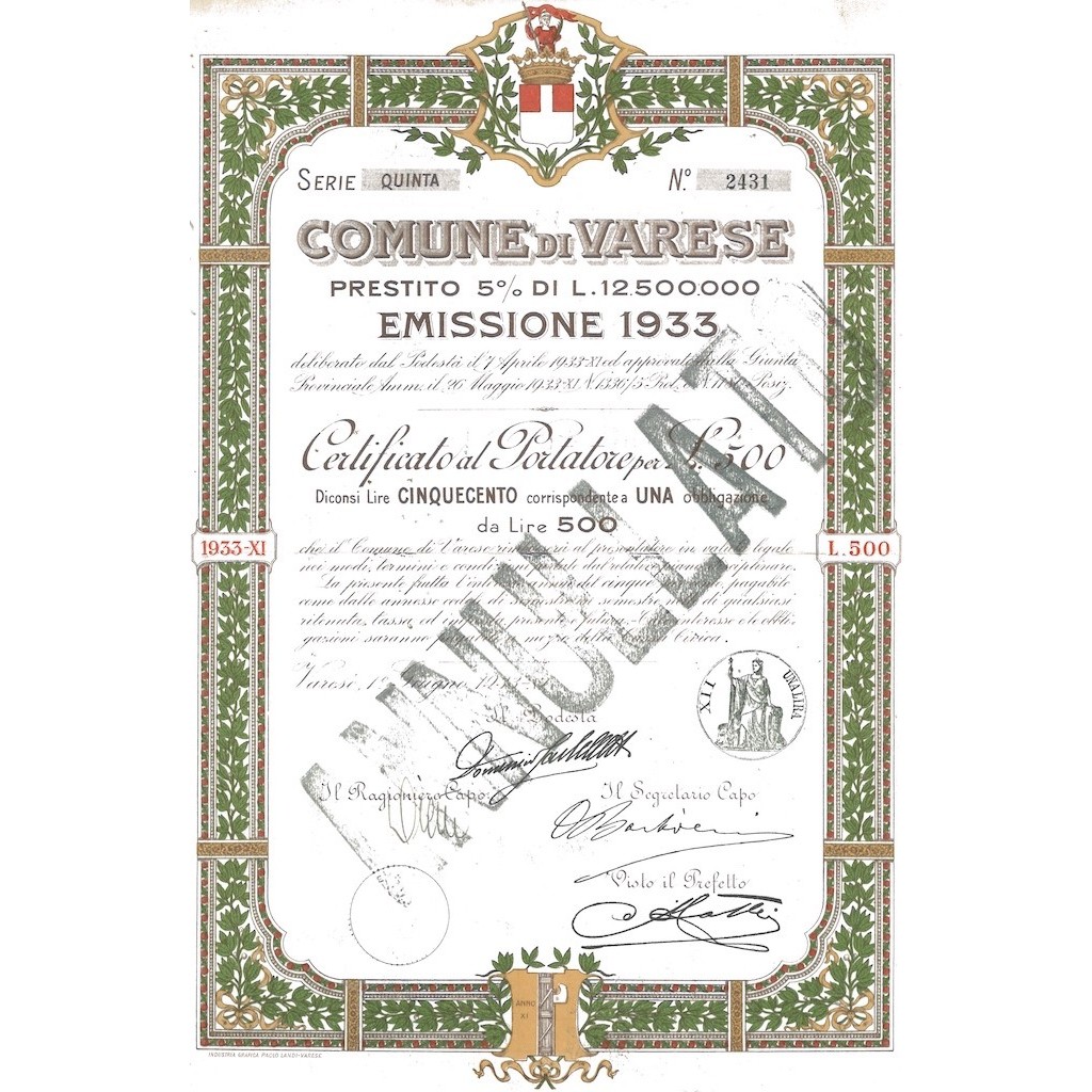 COMUNE DI VARESE SERIE QUINTA 1 OBBLIGAZIONE VARESE 1933