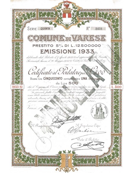 COMUNE DI VARESE SERIE QUINTA 1 OBBLIGAZIONE VARESE 1933
