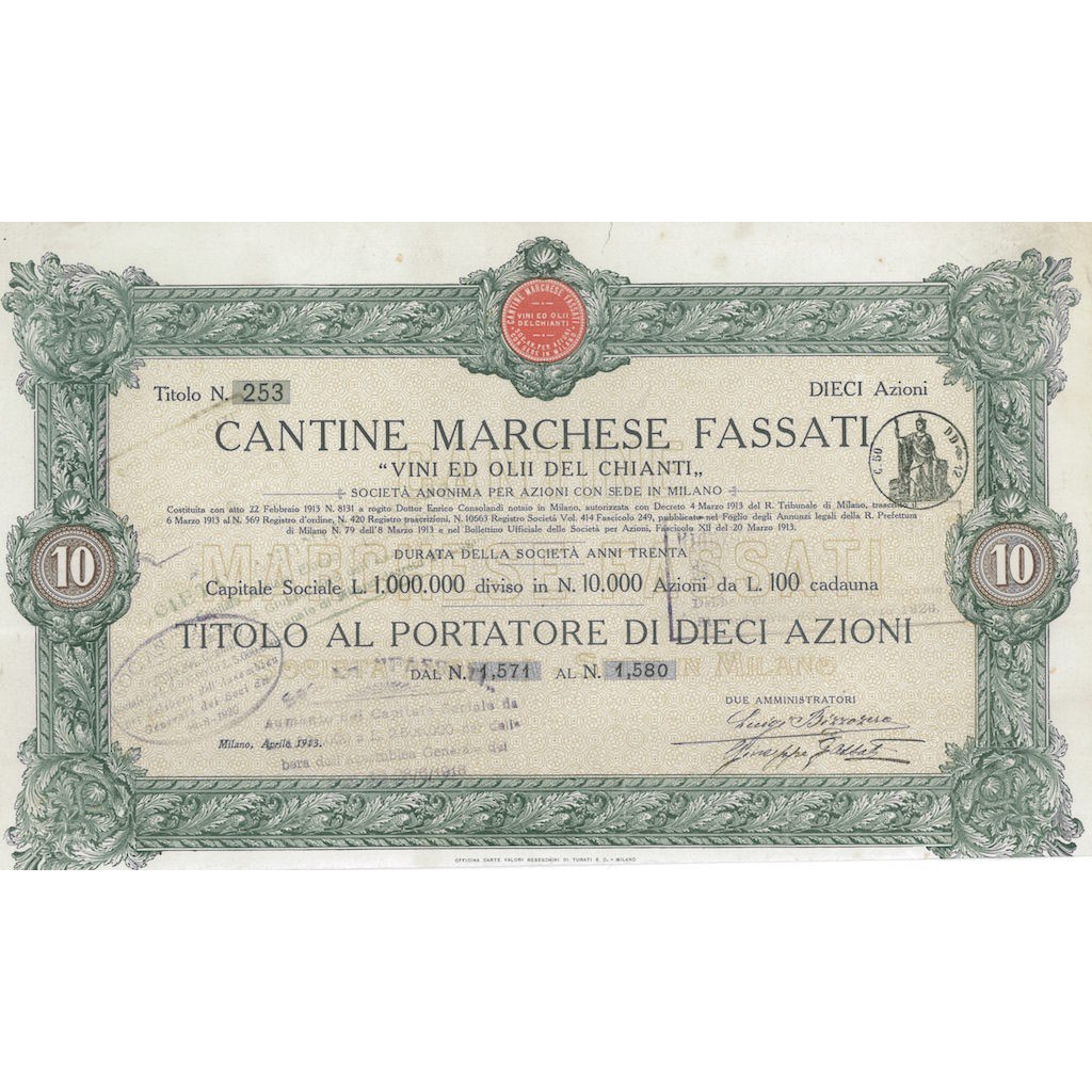 CANTINE MARCHESE FASSATI - 10 AZIONI MILANO 1913