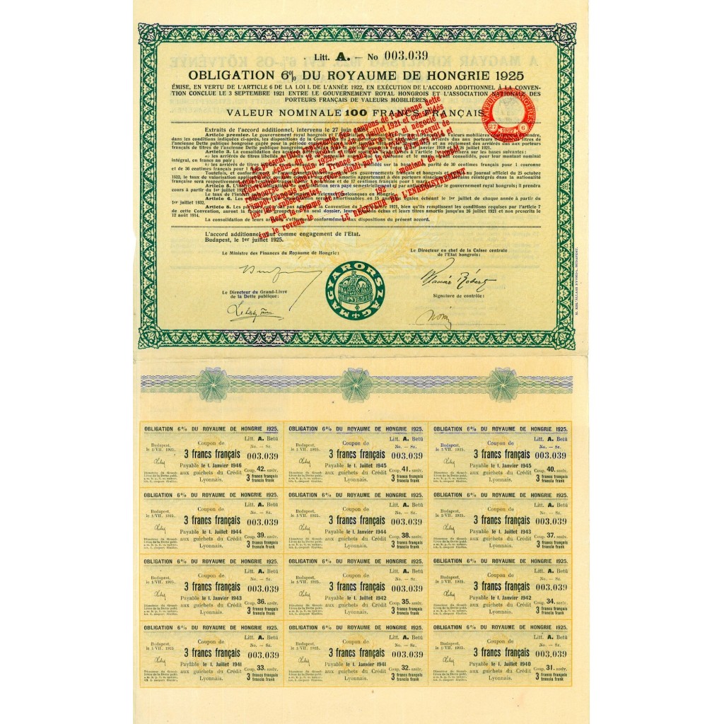 1925 - OBLIGATION 6% DU ROYAUME DE HONGRIE 1925