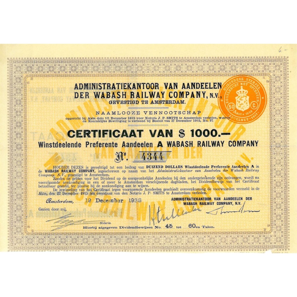 1938 - ADMINISTR. VAN AANDEELEN DER WABASH...