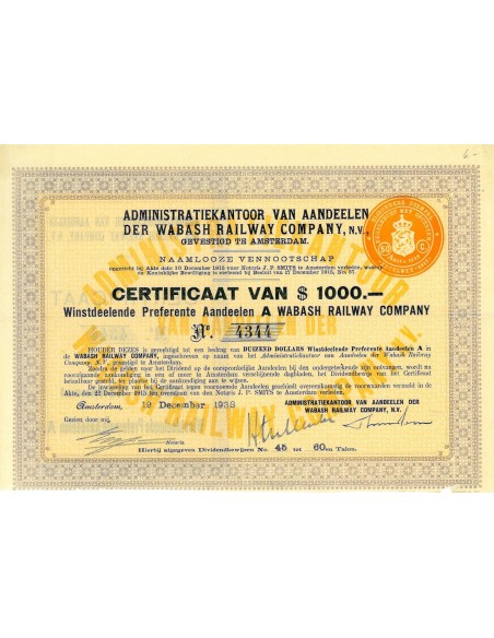 1938 - ADMINISTR. VAN AANDEELEN DER WABASH RAILWAY COMPANY