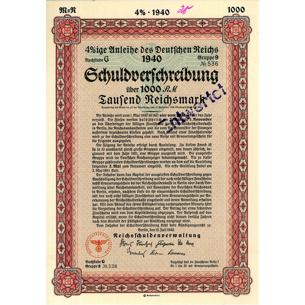 1940 - SCHULDVERSCHREIBUNG UBER 1000 RM