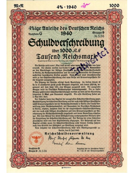 1940 - SCHULDVERSCHREIBUNG UBER 1000 RM