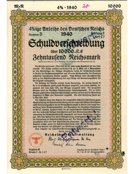 1940 - SCHULDVERSCHREIBUNG UBER 10000 RM