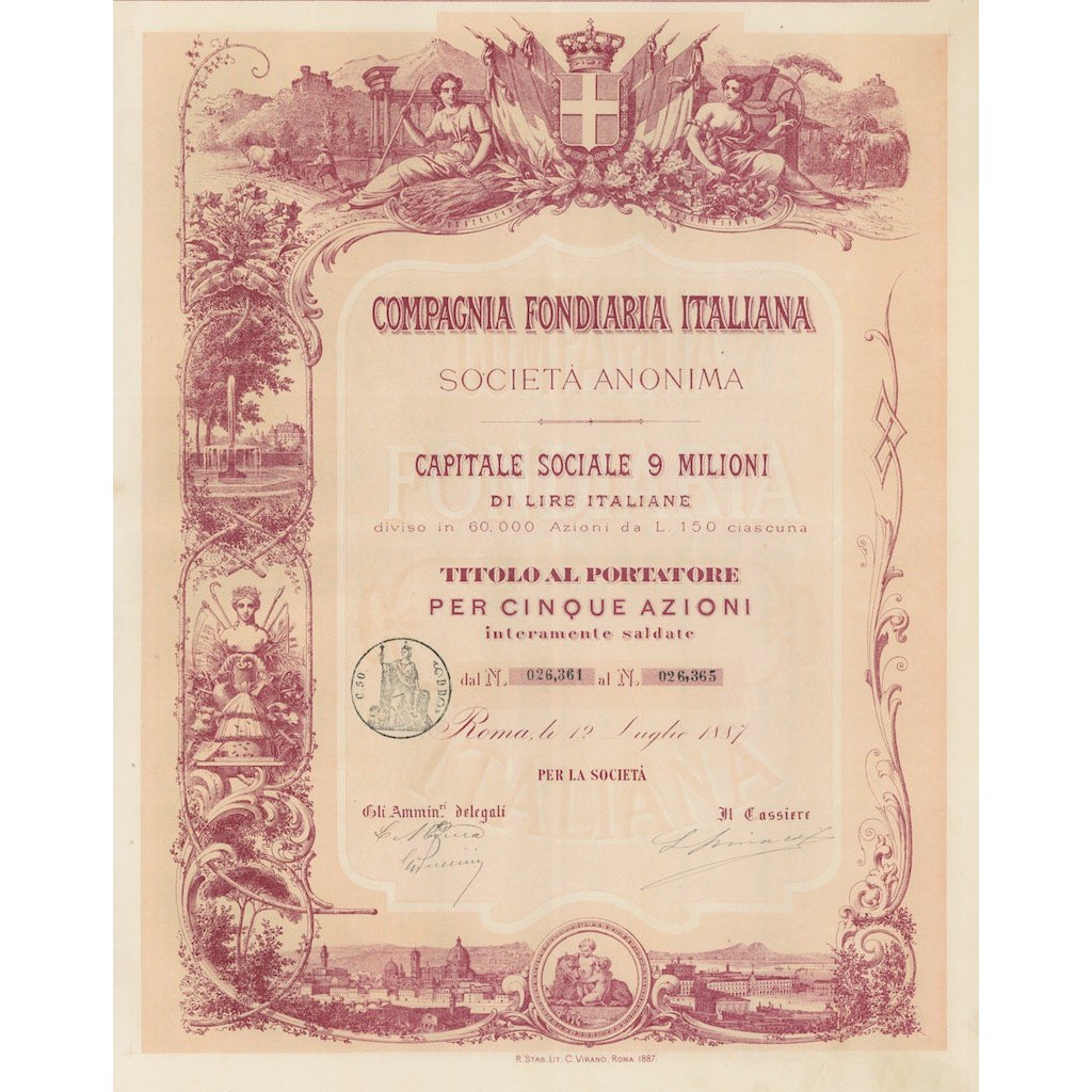 COMPAGNIA FONDIARIA ITALIANA SOC. ANON. - 5 AZIONI ROMA 1887