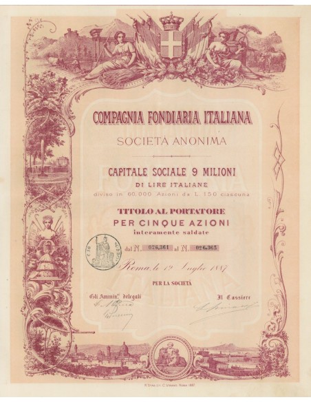 COMPAGNIA FONDIARIA ITALIANA SOC. ANON. - 5 AZIONI ROMA 1887