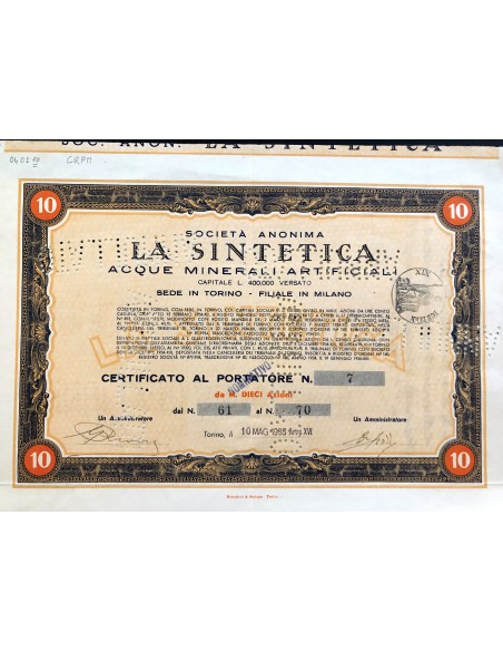 1938 - SOC. ANON. LA SINTETICA - 50 AZIONI TORINO