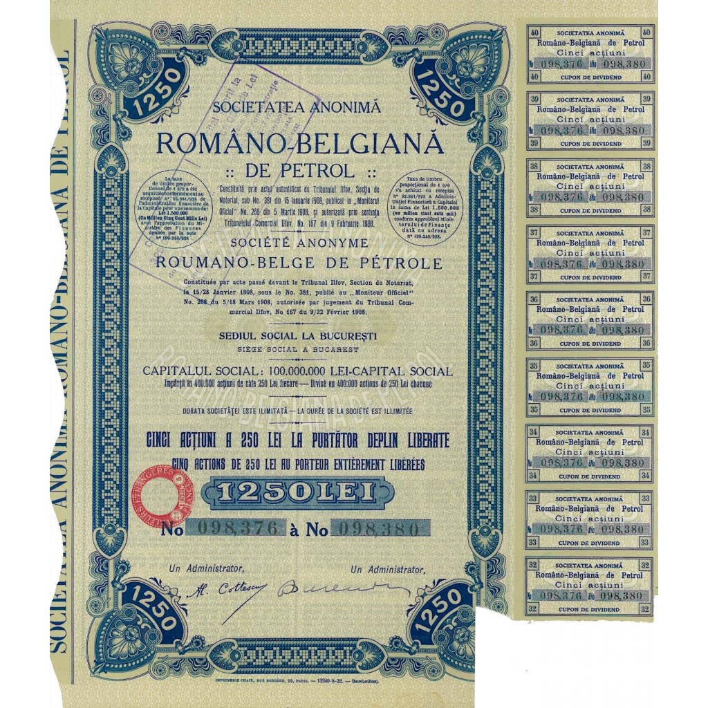 1908 - ROMANO-BELGIANA DE PETROL SOC. ANON. (5 AZIONI)