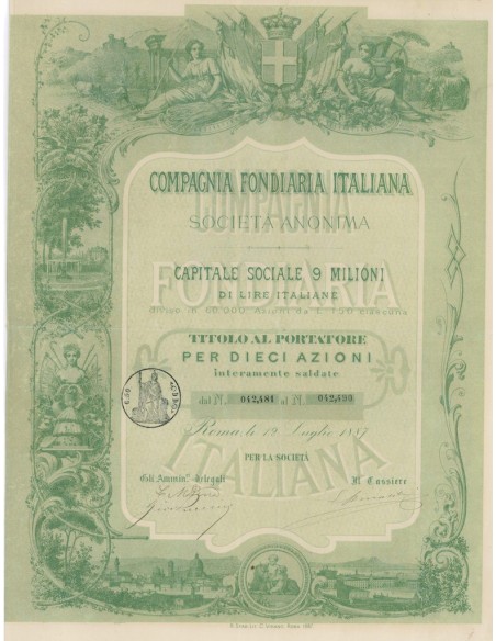 COMPAGNIA FONDIARIA ITALIANA SOC. ANON. - 10 AZIONE ROME 1887