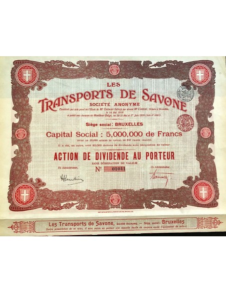 1910 - LES TRANSPORTS DE SAVONE ACTION DE DIVIDENDE AU PORTEUR