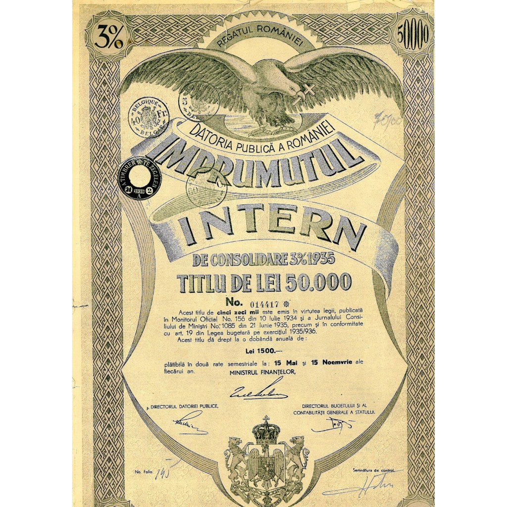 1935 - DATORIA PUBLICA A ROMANIEI - IMPRUMUTUL INTERN DE CONSOLIDARE 3% 1935