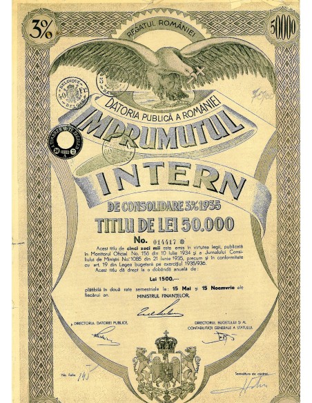 1935 - DATORIA PUBLICA A ROMANIEI - IMPRUMUTUL INTERN DE CONSOLIDARE 3% 1935