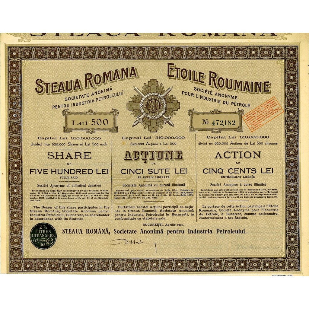 1921 - STEAUA ROMANA - SOC. ANON. PENTRU...