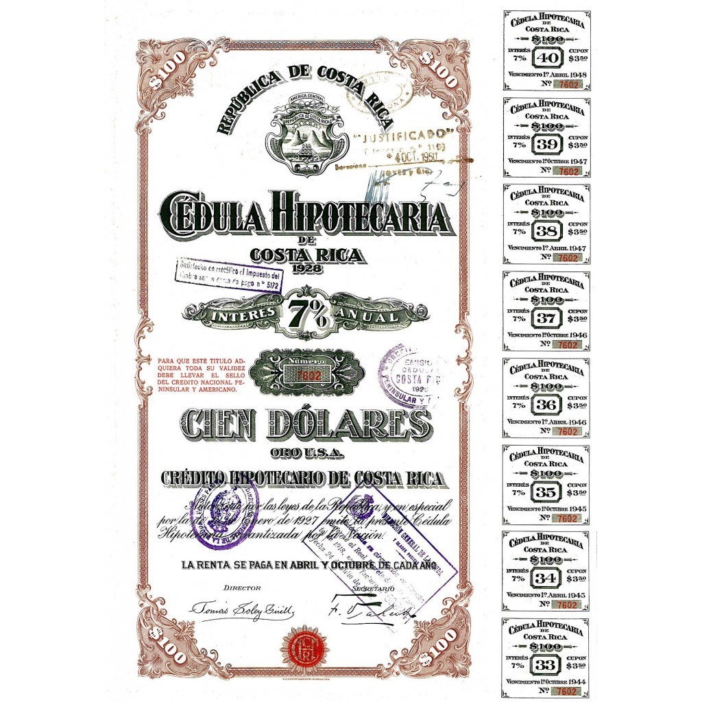 1928 - REPUBLICA DE COSTA RICA - CEDULA...