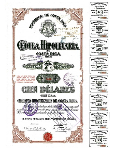 1928 - REPUBLICA DE COSTA RICA - CEDULA HIPOTECARIA DE COSTA RICA
