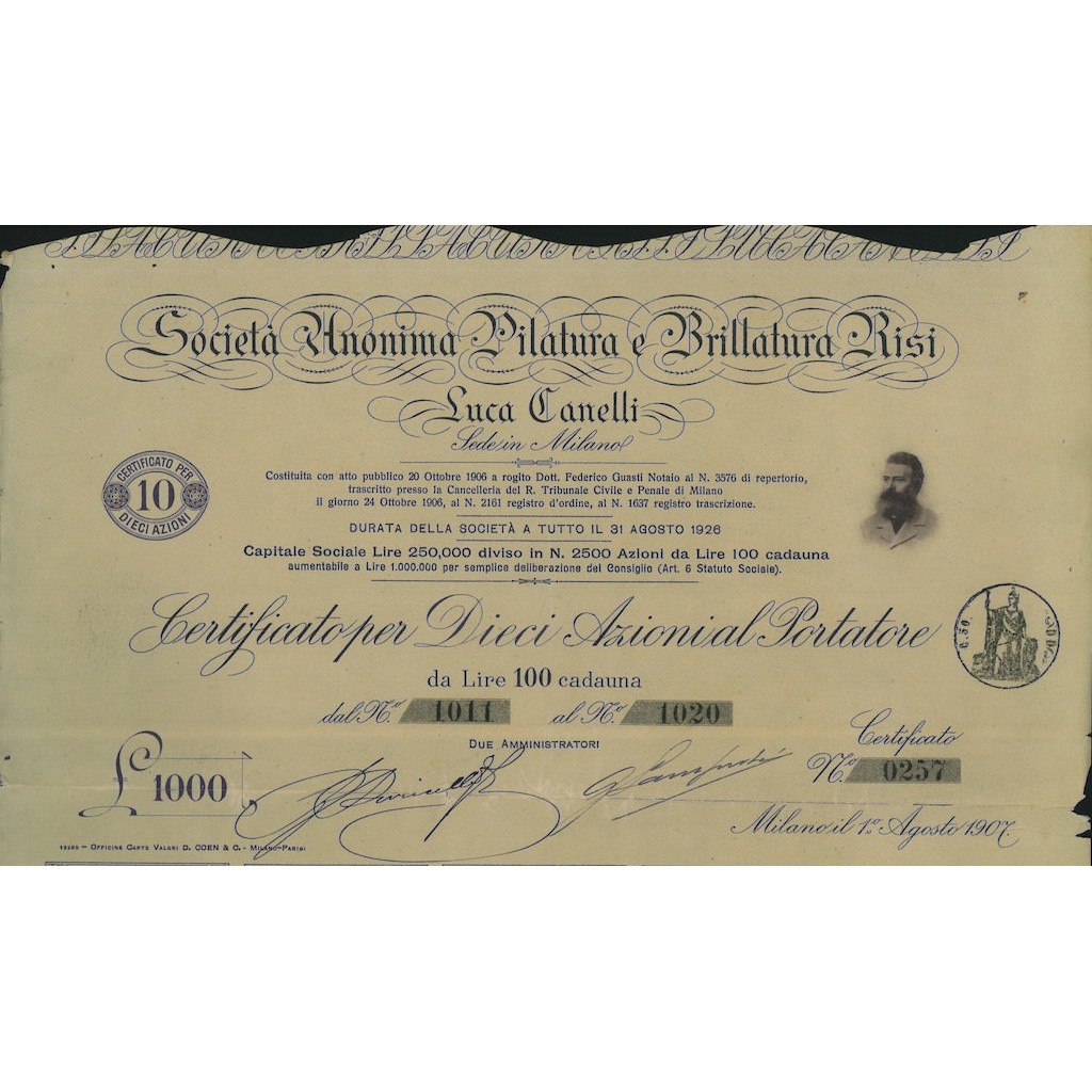 SOC. ANON. PILATURA E BRILLATURA RISI LUCA CANELLI - 10 AZIONE 1907