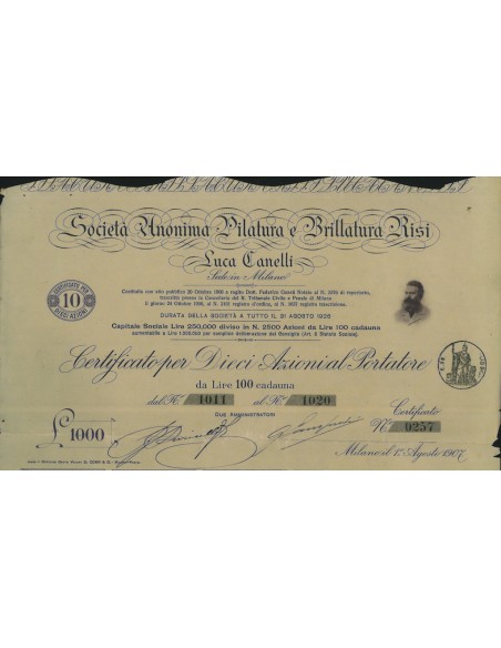 SOC. ANON. PILATURA E BRILLATURA RISI LUCA CANELLI - 10 AZIONE 1907