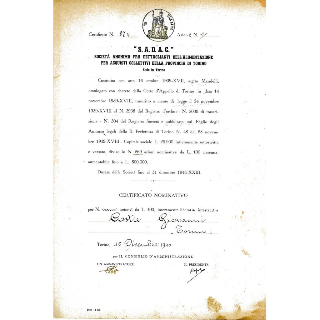 1940 - S.A.D.A.C. - SOC. AN. FRA DETTAGLIANTI...