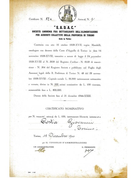 1940 - S.A.D.A.C. - SOC. AN. FRA DETTAGLIANTI DELL'ALIMENTAZ. PER ACQ. COLL. DELLA PROV. DI TORINO