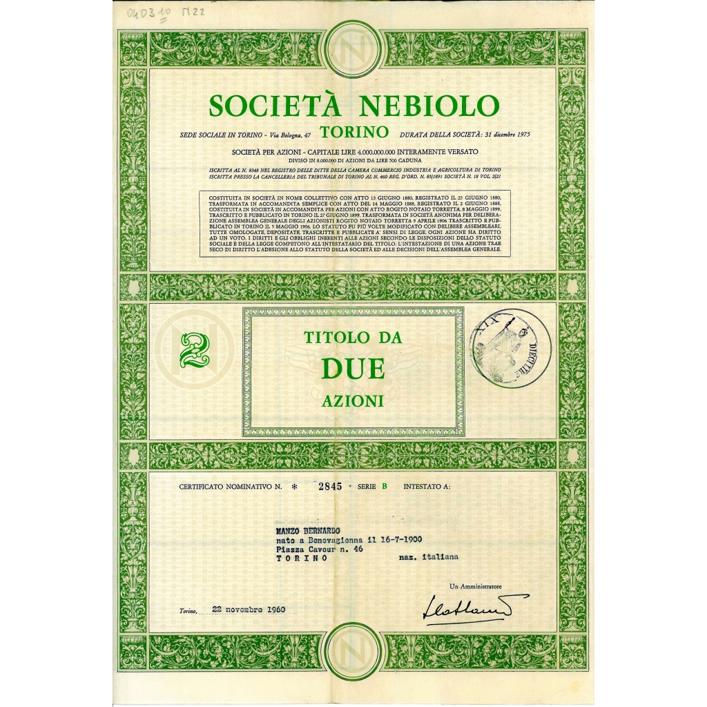 1960 - NEBIOLO SOC. - TORINO