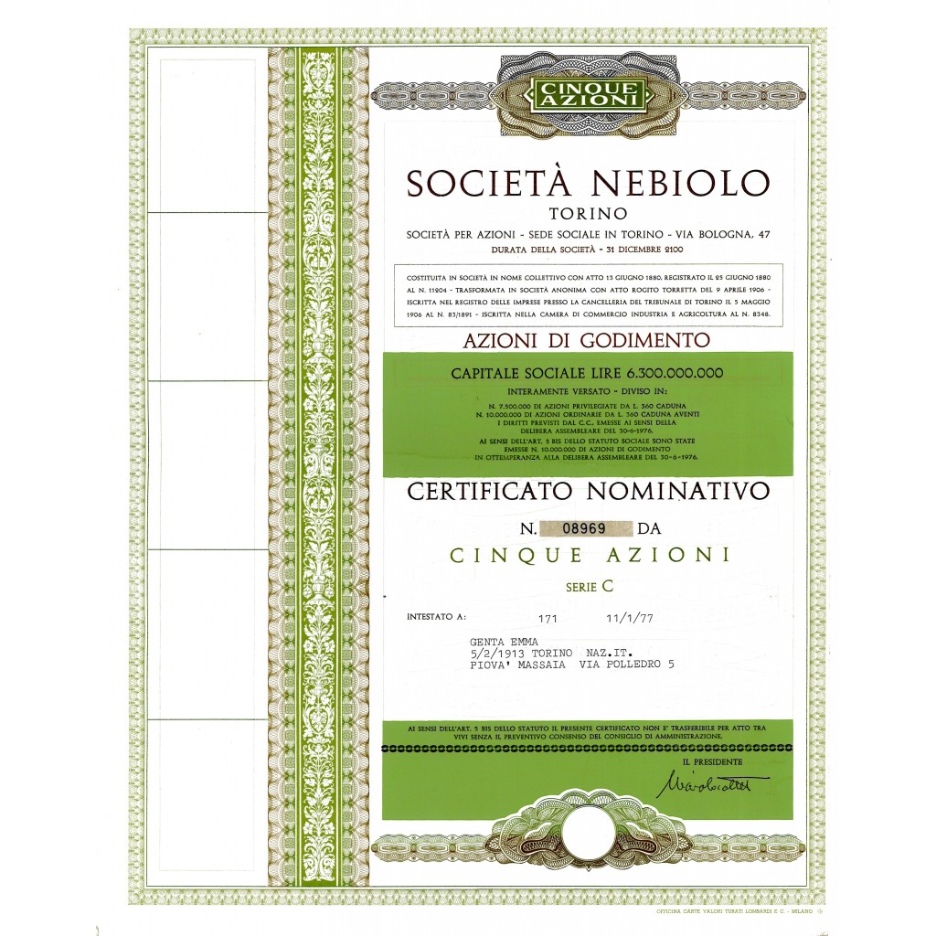 1977 - NEBIOLO SOC. - TORINO (5 AZIONI)