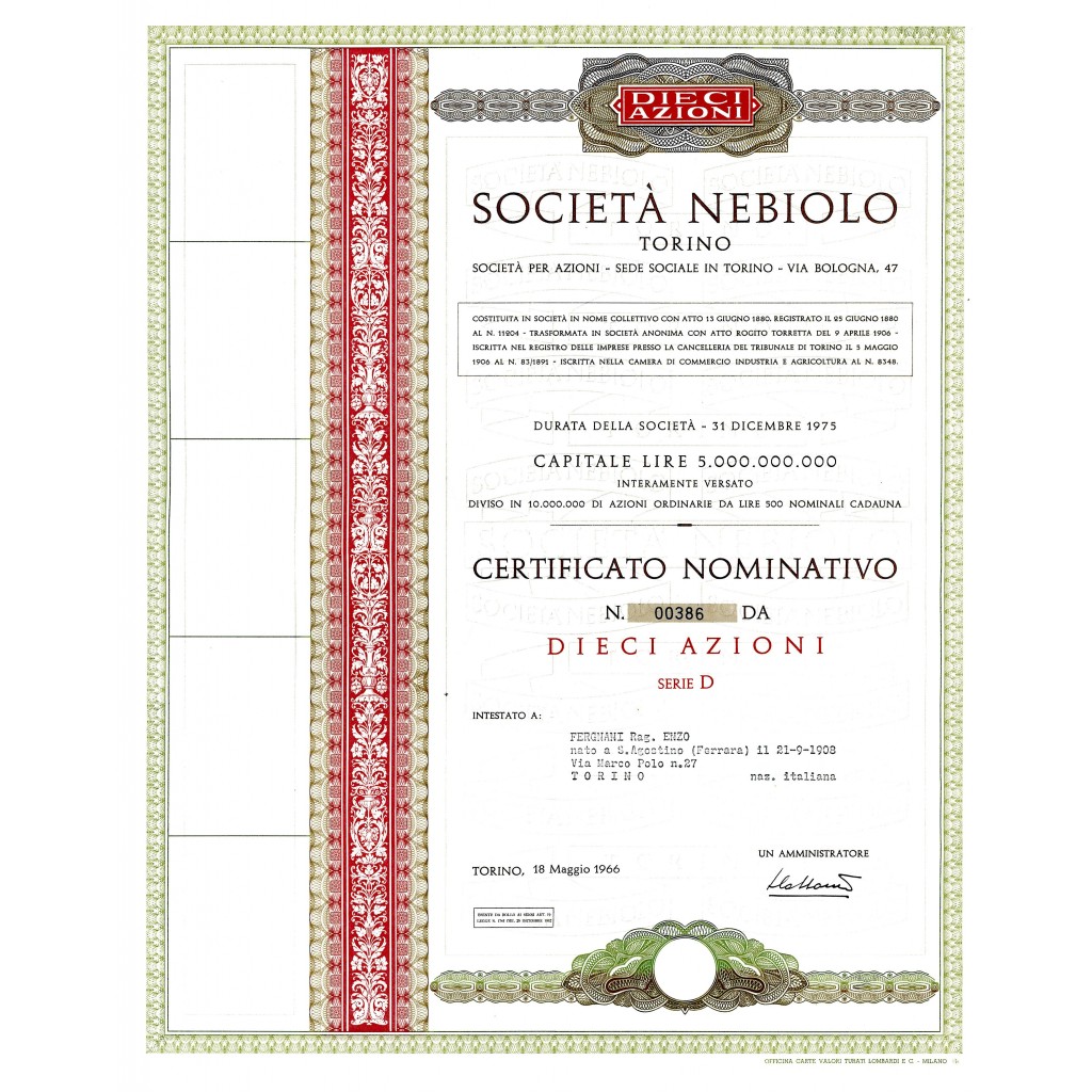 1966 - NEBIOLO SOC. - TORINO (10 AZIONI)
