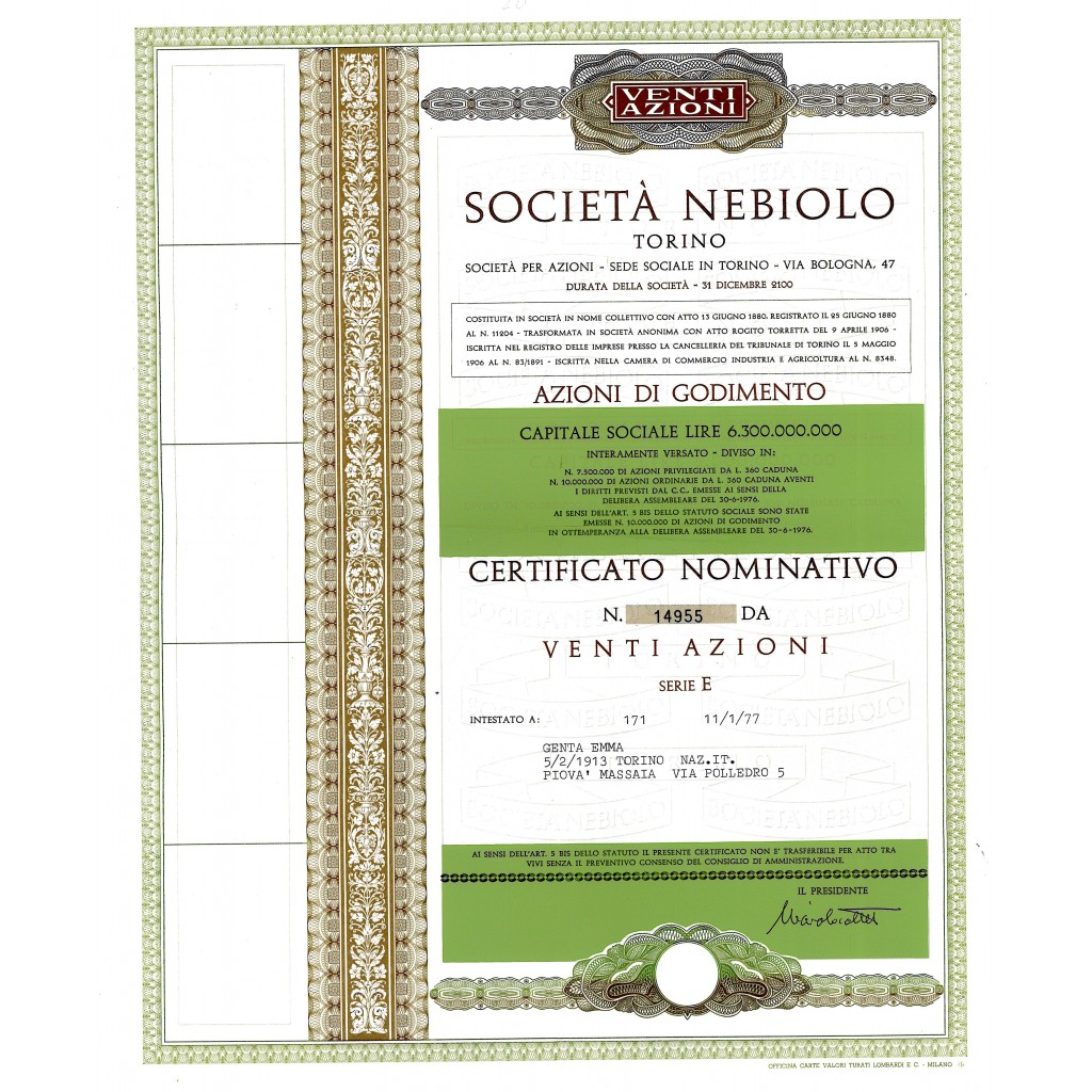 1977 - NEBIOLO SOC. - TORINO (20 AZIONI)