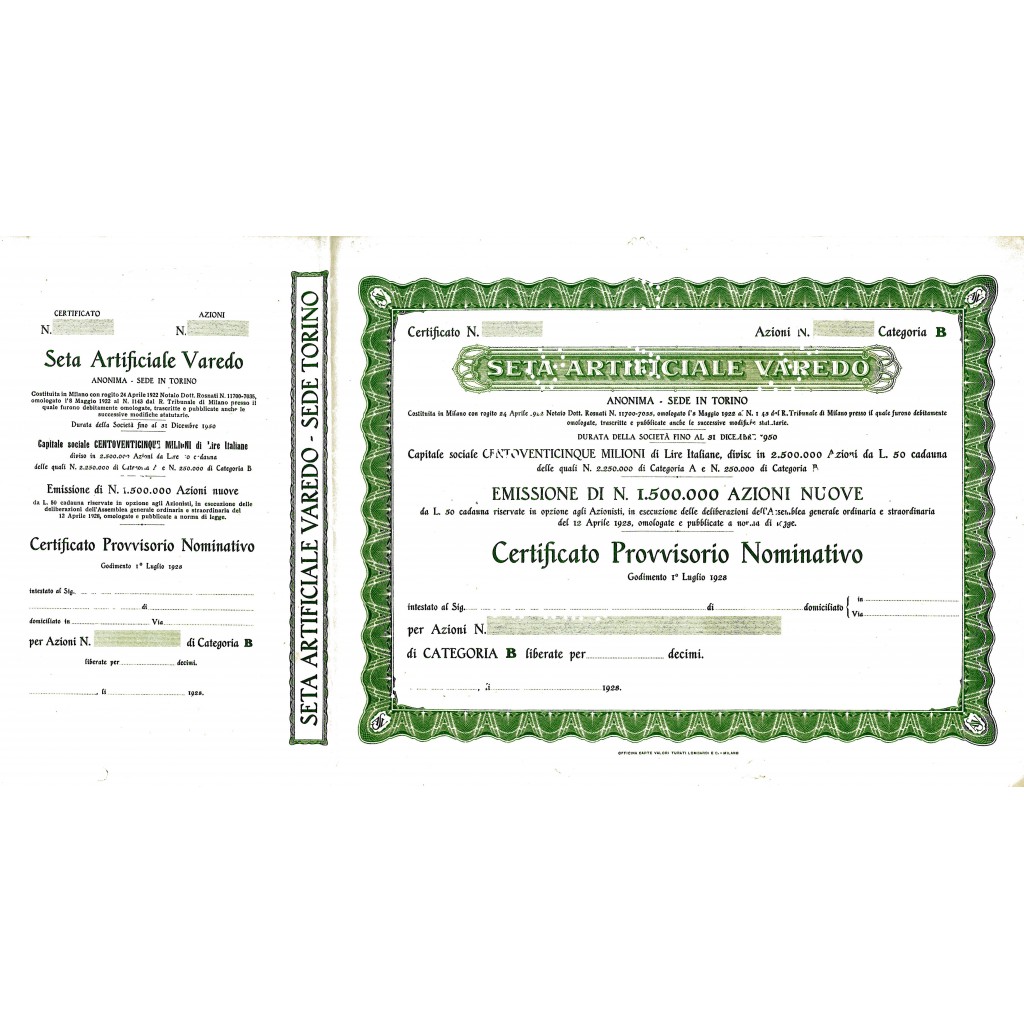 1928 - SETA ARTIFICIALE VAREDO - TORINO