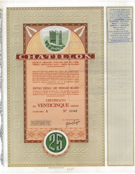 1968 - CHATILLON - SOC. AN. IT. PER LE FIBRE TESSILI ARTIFICIALI SPA - 25 AZIONI