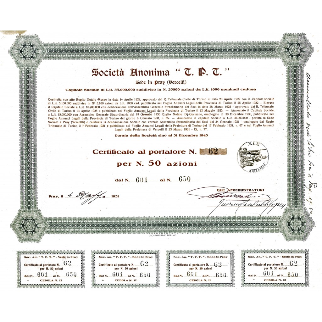 1931 - T.P.T. Soc. Anon.  50 Azioni - SEDE IN...