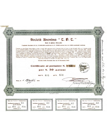 1931 - T.P.T. Soc. Anon.  50 Azioni - SEDE IN PRAY (VERCELLI)