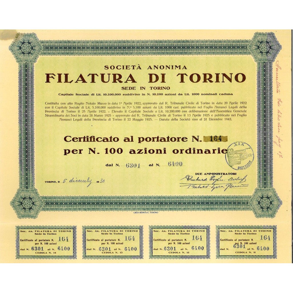 1930 - FILATURA DI TORINO SOC. ANON.