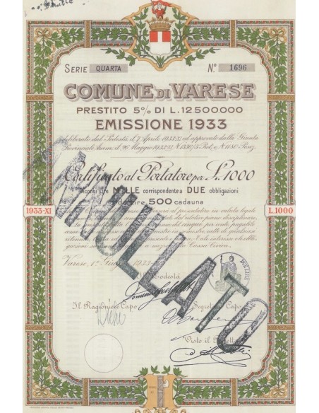 COMUNE DI VARESE SERIE QUARTA 2 OBBLIGAZIONI VARESE 1933