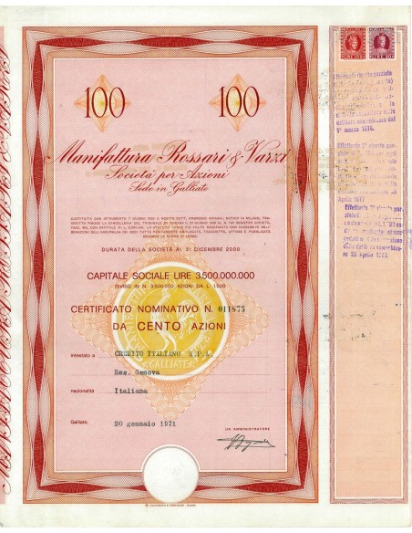 1971 - MANIFATTURA ROSSARI E VARZI SPA (100 AZIONI)