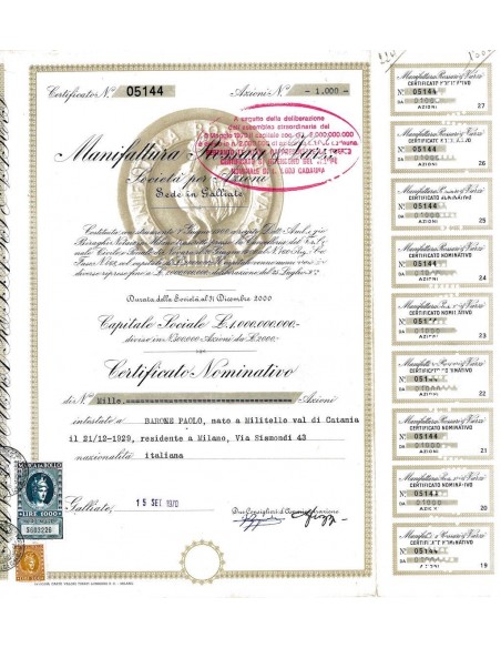 1970 - MANIFATTURA ROSSARI E VARZI SPA (1000 AZIONI)