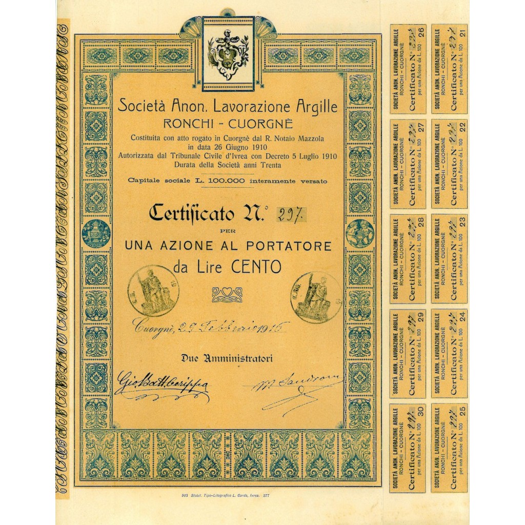 1916 - SOC. ANON. LAVORAZIONE ARGILLE RONCHI -...