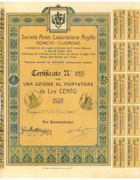 1916 - SOC. ANON. LAVORAZIONE ARGILLE RONCHI - CUORGNE'