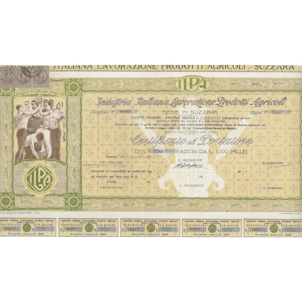 INDUSTRIA ITALIANA LAVORAZIONE PRODOTTI AGRICOLI - 1 AZIONE SUZZARA 1920