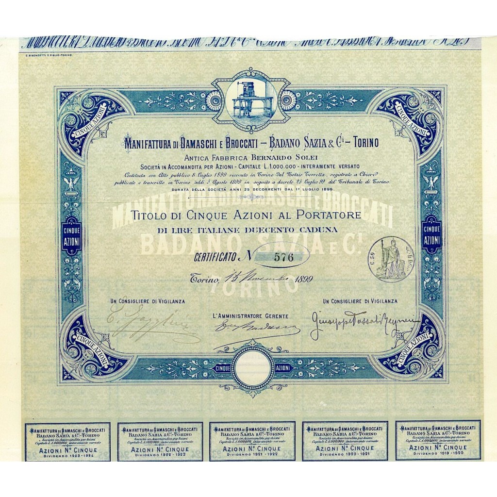 1899 - MANIFATTURA DI DAMASCHI E BROCCATI - BADANO SAZIA E C. - TORINO