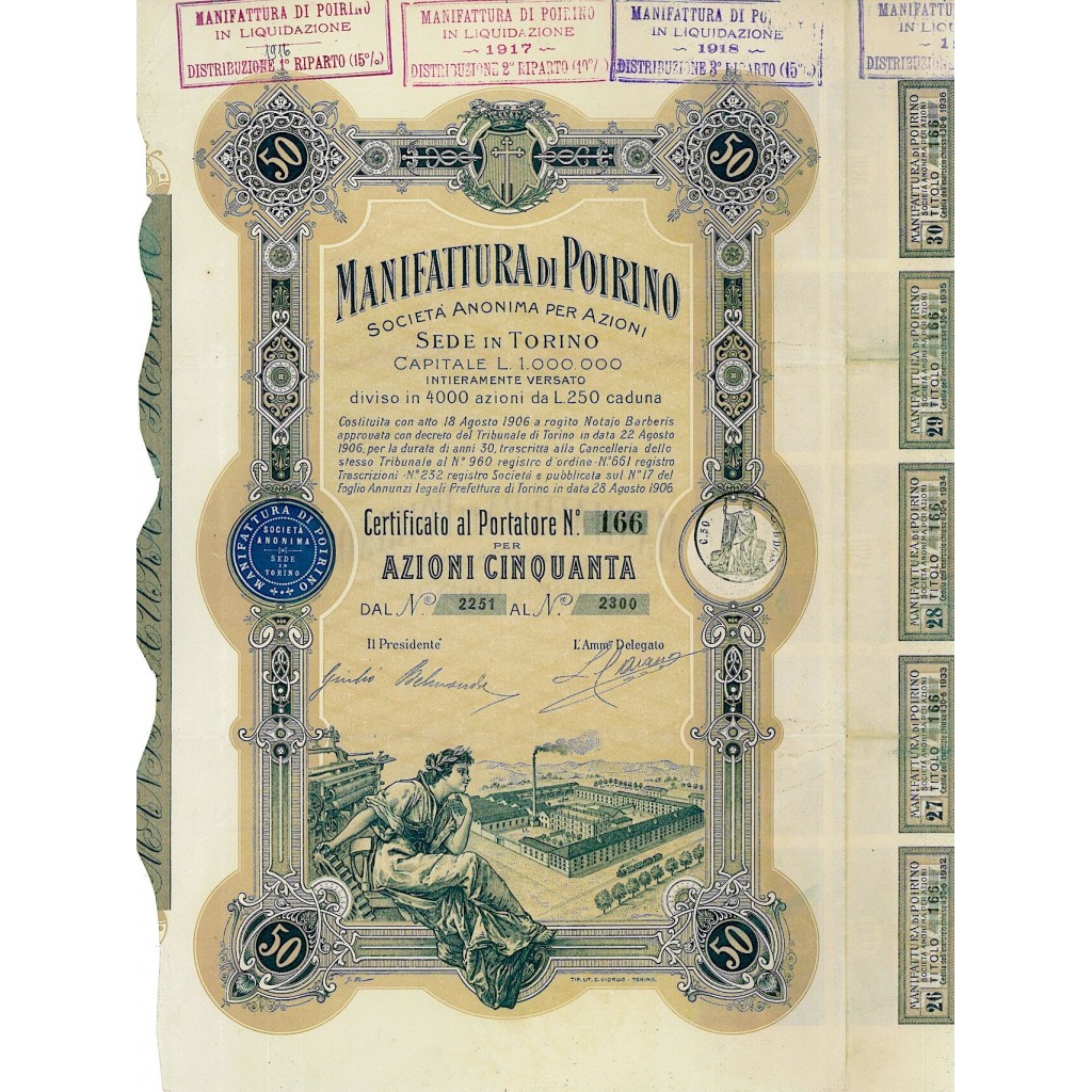 1906 - MANIFATTURA DI POIRINO (50 AZIONI) - TORINO