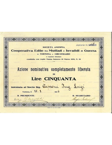 1926 - COOP. EDILE FRA MUTILATI E INVALIDI DI GUERRA SOC. ANON.