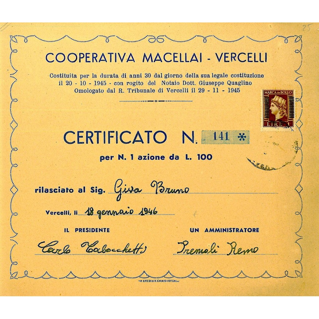 1946 - COOPERATIVA MACELLAI - VERCELLI