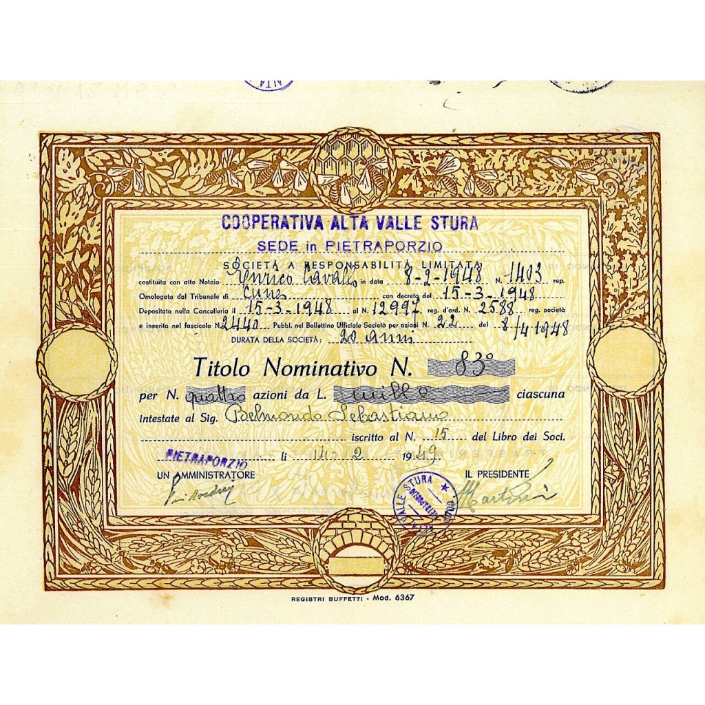 1949 - COOP. ALTA VALLE STURA - SEDE IN...