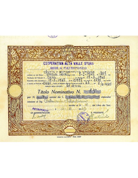 1949 - COOP. ALTA VALLE STURA - SEDE IN PIETRAPORZIO