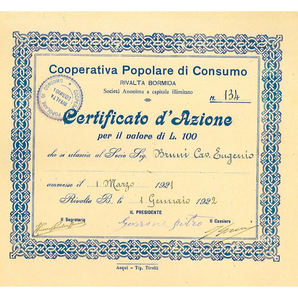 1921 - POPOLARE DI CONSUMO RIVALTA BORMIDA COOP.