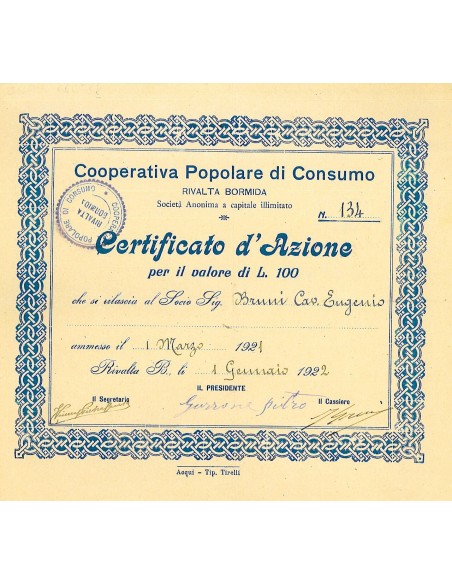1921 - POPOLARE DI CONSUMO RIVALTA BORMIDA COOP. (AZIONE DA L. 100)