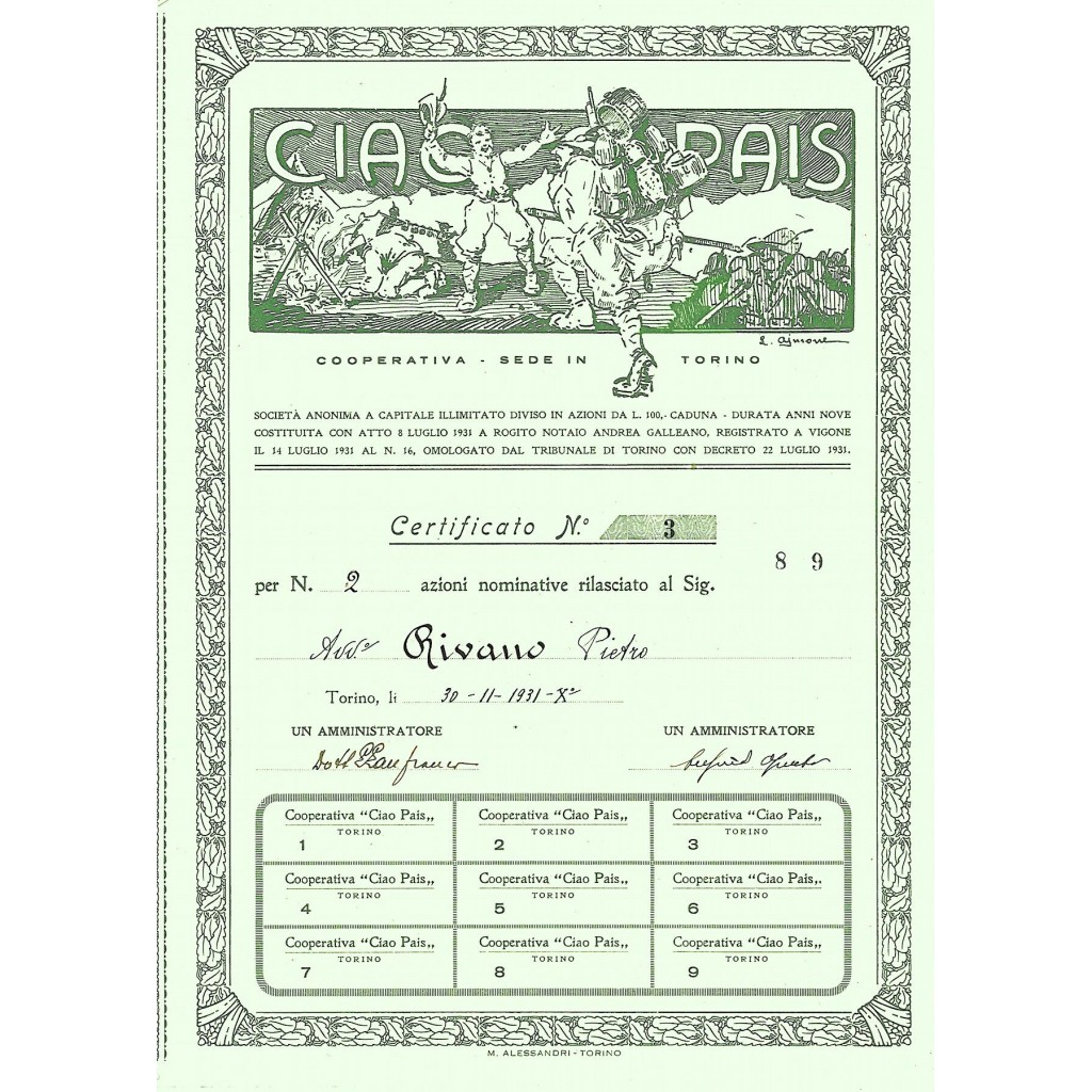 1931 - CIAO PAIS COOPERATIVA - SEDE IN TORINO