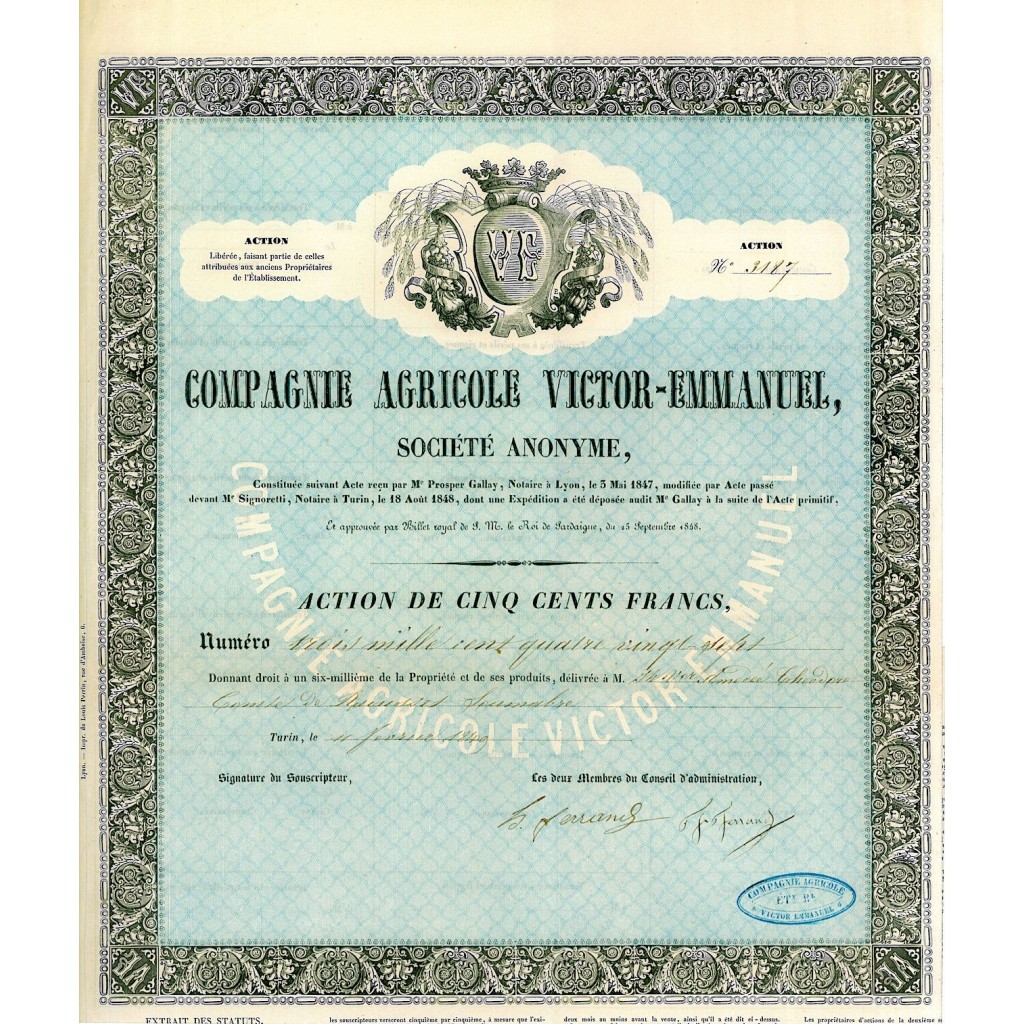 1849 - COMPAGNIE AGRICOLE VICTOR - EMMANUEL