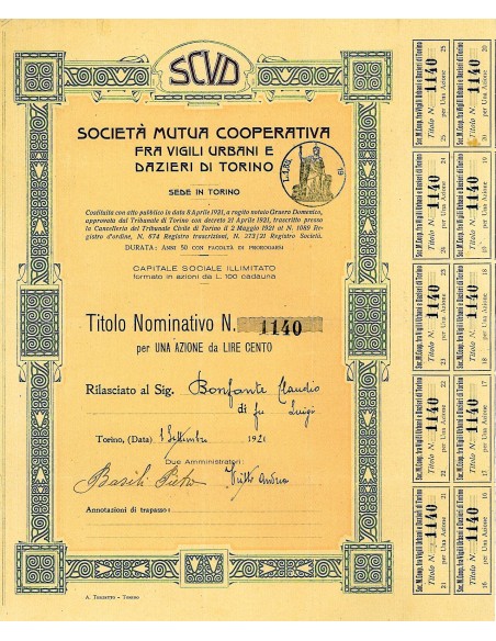 1921 - SCVD - SOC. MUTUA COOPERATIVA FRA VIGILI URBANI E DAZIERI DI TORINO